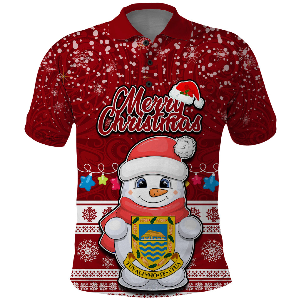 Tuvalu Christmas Polo Shirt Snowman and Tuvalu Coat of Arms Maori Tribal Xmas Style LT03 Red - Polynesian Pride