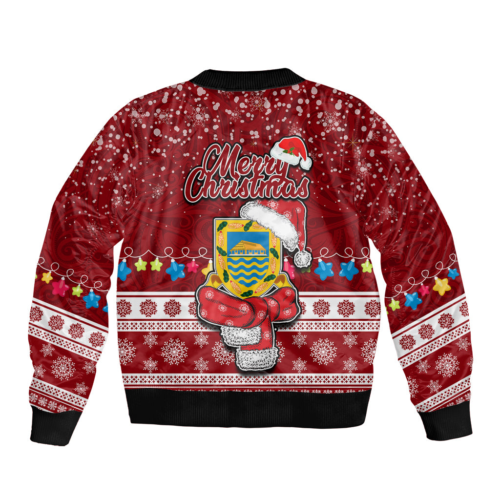 Tuvalu Christmas Sleeve Zip Bomber Jacket Snowman and Tuvalu Coat of Arms Maori Tribal Xmas Style LT03 - Polynesian Pride