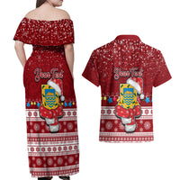 Personalised Tuvalu Christmas Couples Matching Off Shoulder Maxi Dress and Hawaiian Shirt Snowman and Tuvalu Coat of Arms Maori Tribal Xmas Style LT03 - Polynesian Pride