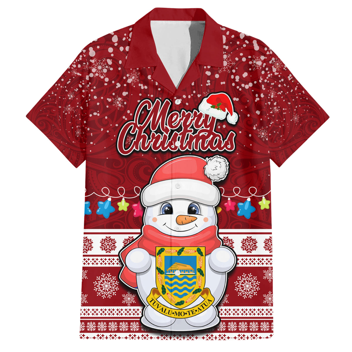 Personalised Tuvalu Christmas Family Matching Short Sleeve Bodycon Dress and Hawaiian Shirt Snowman and Tuvalu Coat of Arms Maori Tribal Xmas Style LT03 Dad's Shirt - Short Sleeve Red - Polynesian Pride