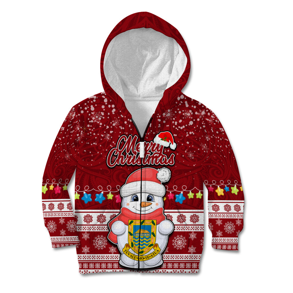 Personalised Tuvalu Christmas Kid Hoodie Snowman and Tuvalu Coat of Arms Maori Tribal Xmas Style LT03 Zip Hoodie Red - Polynesian Pride