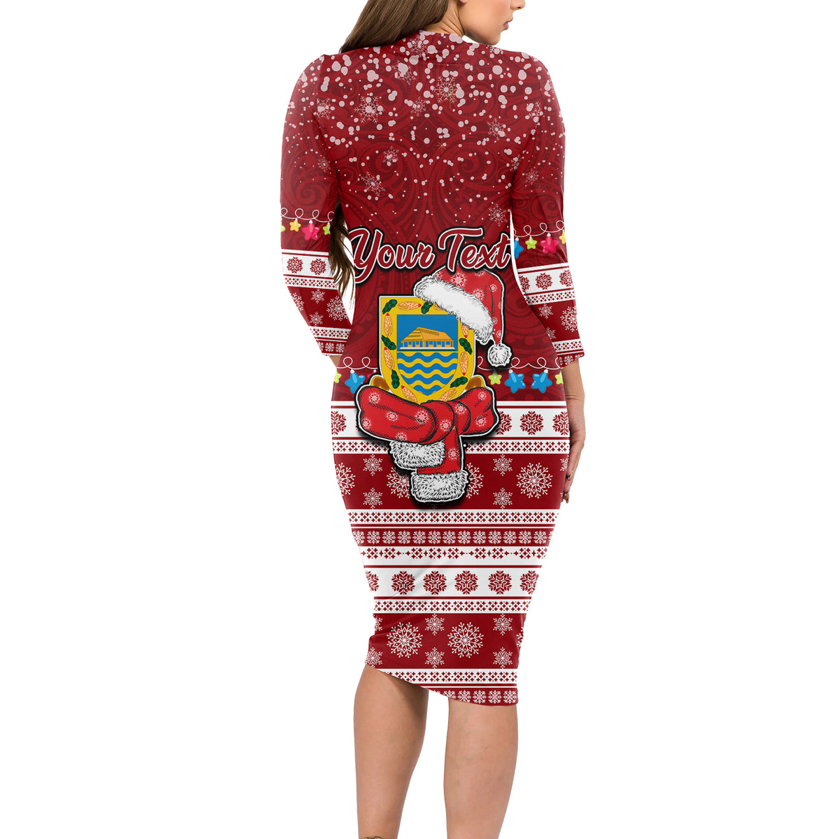 Personalised Tuvalu Christmas Long Sleeve Bodycon Dress Snowman and Tuvalu Coat of Arms Maori Tribal Xmas Style LT03 - Polynesian Pride