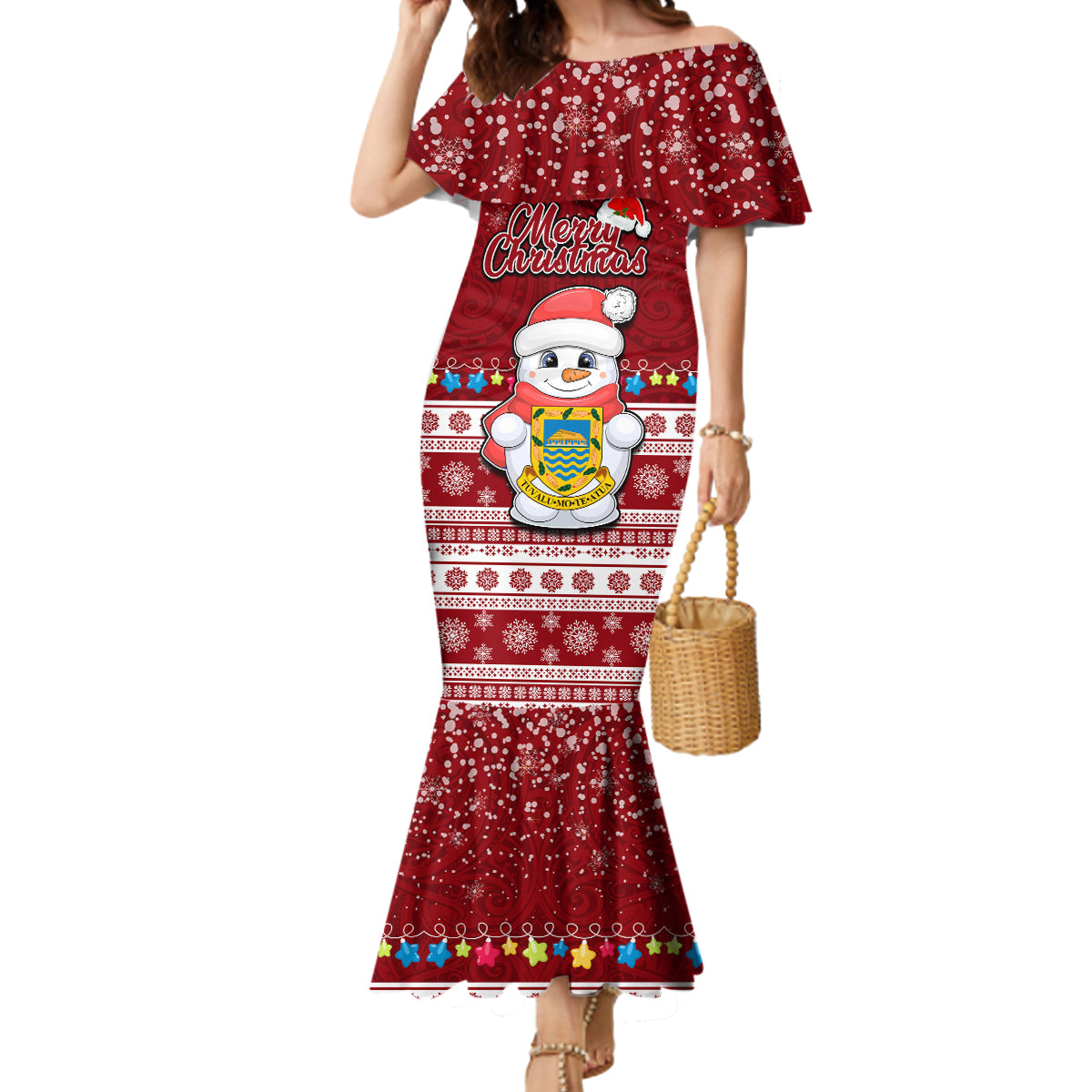 Personalised Tuvalu Christmas Mermaid Dress Snowman and Tuvalu Coat of Arms Maori Tribal Xmas Style LT03 Women Red - Polynesian Pride