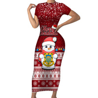 Personalised Tuvalu Christmas Short Sleeve Bodycon Dress Snowman and Tuvalu Coat of Arms Maori Tribal Xmas Style LT03 Long Dress Red - Polynesian Pride