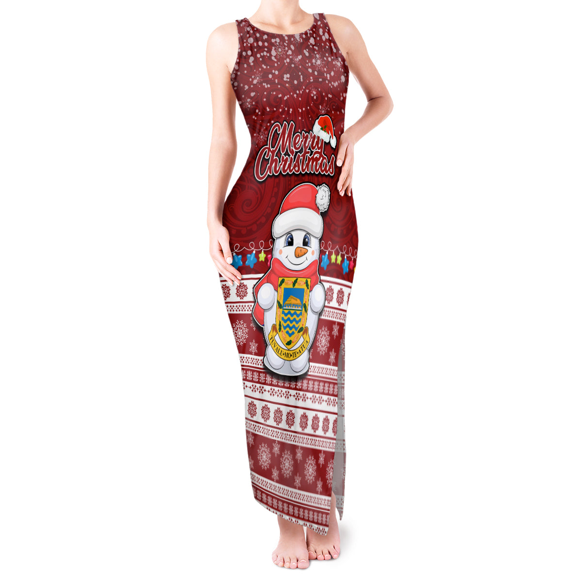 Personalised Tuvalu Christmas Tank Maxi Dress Snowman and Tuvalu Coat of Arms Maori Tribal Xmas Style LT03 Women Red - Polynesian Pride