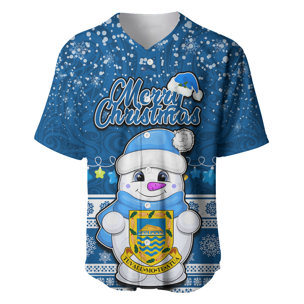 Tuvalu Christmas Baseball Jersey Snowman Hugs Tuvalu Coat of Arms Maori Pattern Blue Style LT03 Blue - Polynesian Pride