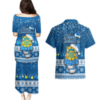 Tuvalu Christmas Couples Matching Puletasi Dress and Hawaiian Shirt Snowman Hugs Tuvalu Coat of Arms Maori Pattern Blue Style LT03 - Polynesian Pride