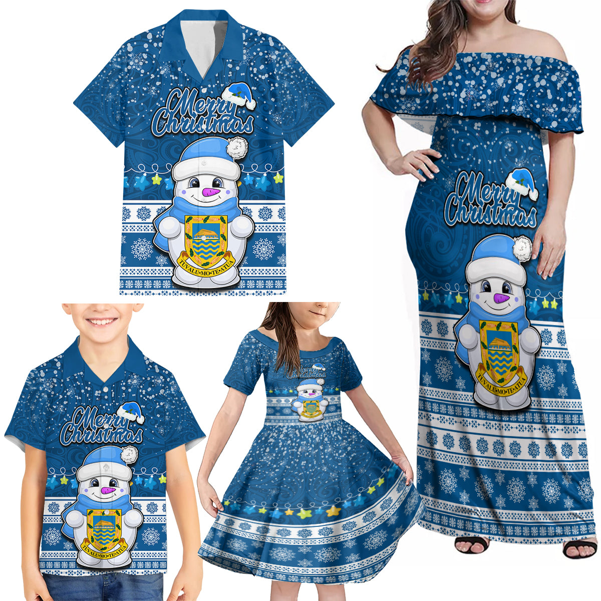 Tuvalu Christmas Family Matching Off Shoulder Maxi Dress and Hawaiian Shirt Snowman Hugs Tuvalu Coat of Arms Maori Pattern Blue Style LT03 - Polynesian Pride