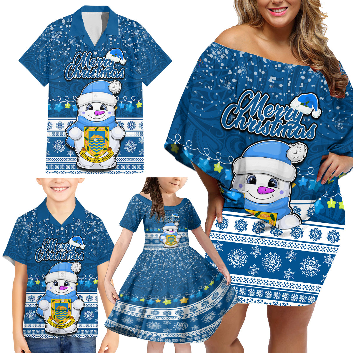 Tuvalu Christmas Family Matching Off Shoulder Short Dress and Hawaiian Shirt Snowman Hugs Tuvalu Coat of Arms Maori Pattern Blue Style LT03 - Polynesian Pride