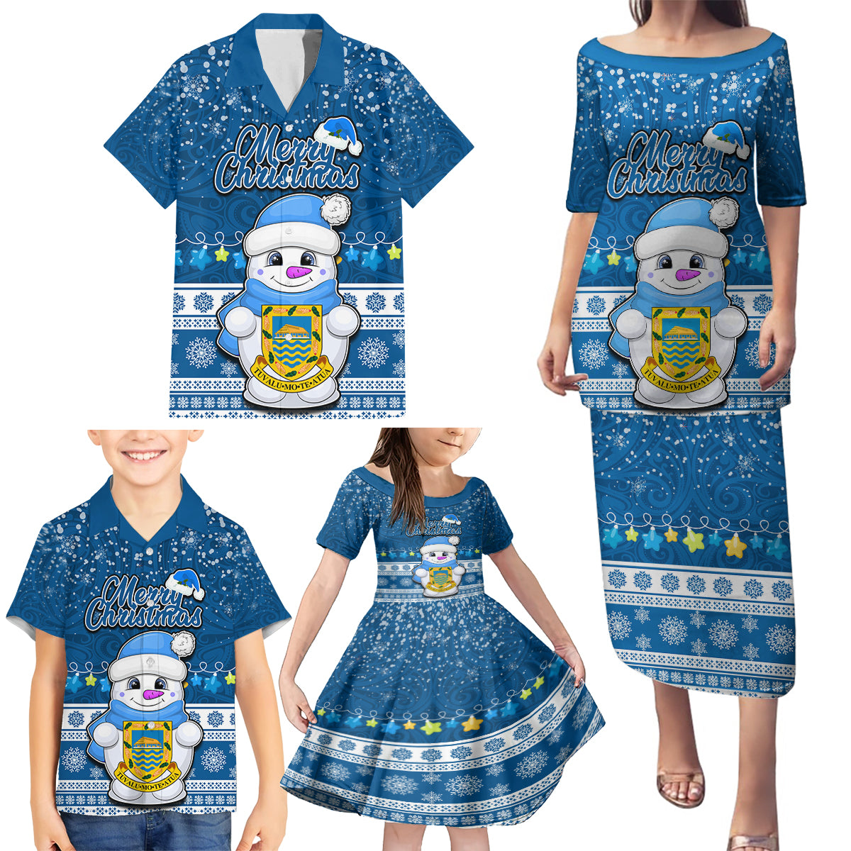 Tuvalu Christmas Family Matching Puletasi Dress and Hawaiian Shirt Snowman Hugs Tuvalu Coat of Arms Maori Pattern Blue Style LT03 - Polynesian Pride