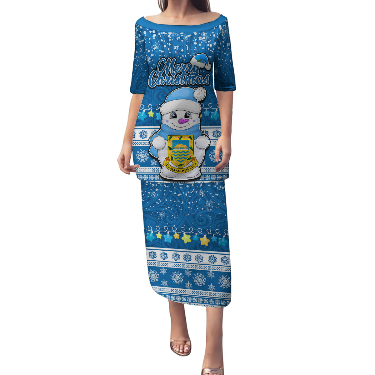 Tuvalu Christmas Family Matching Puletasi Dress and Hawaiian Shirt Snowman Hugs Tuvalu Coat of Arms Maori Pattern Blue Style LT03 Mom's Dress Blue - Polynesian Pride