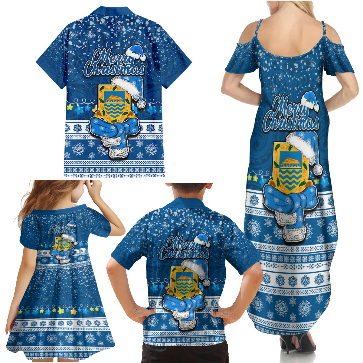 Tuvalu Christmas Family Matching Summer Maxi Dress and Hawaiian Shirt Snowman Hugs Tuvalu Coat of Arms Maori Pattern Blue Style LT03 - Polynesian Pride