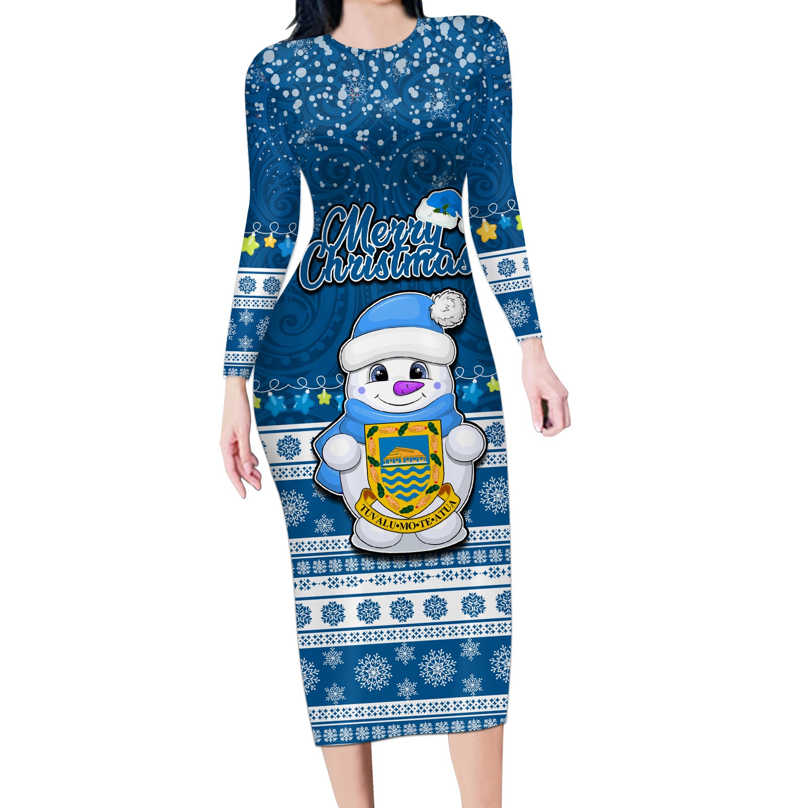 Tuvalu Christmas Long Sleeve Bodycon Dress Snowman Hugs Tuvalu Coat of Arms Maori Pattern Blue Style LT03 Long Dress Blue - Polynesian Pride