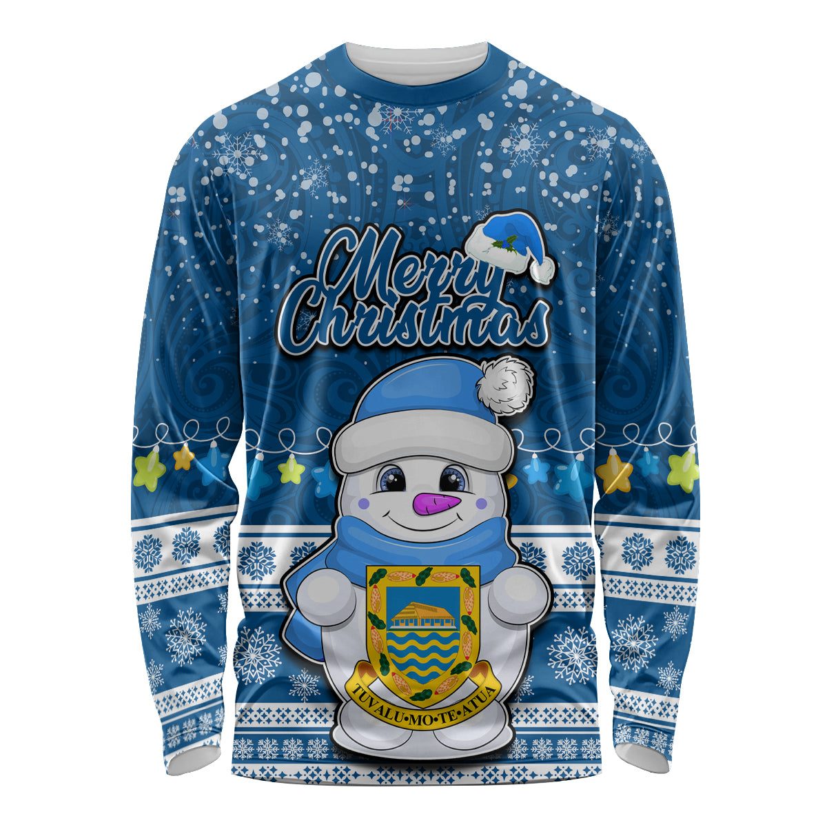 Tuvalu Christmas Long Sleeve Shirt Snowman Hugs Tuvalu Coat of Arms Maori Pattern Blue Style LT03 Unisex Blue - Polynesian Pride