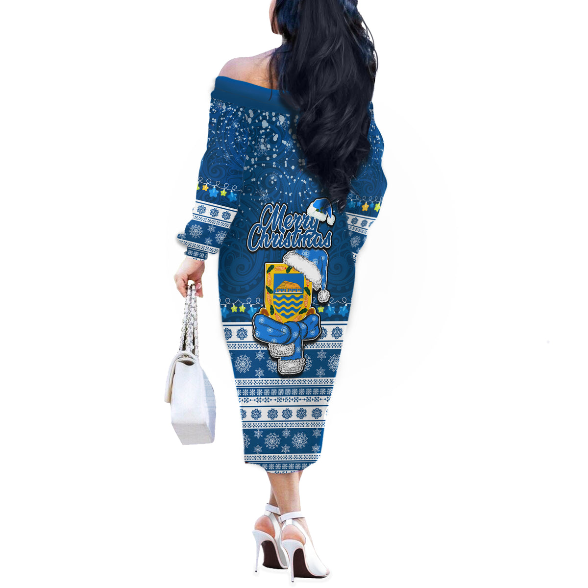 Tuvalu Christmas Off The Shoulder Long Sleeve Dress Snowman Hugs Tuvalu Coat of Arms Maori Pattern Blue Style LT03 - Polynesian Pride