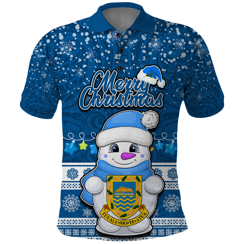 Tuvalu Christmas Polo Shirt Snowman Hugs Tuvalu Coat of Arms Maori Pattern Blue Style LT03 Blue - Polynesian Pride