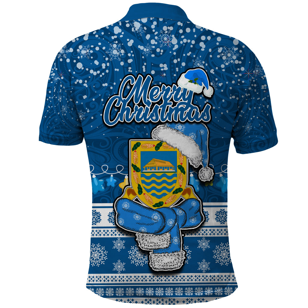 Tuvalu Christmas Polo Shirt Snowman Hugs Tuvalu Coat of Arms Maori Pattern Blue Style LT03 - Polynesian Pride