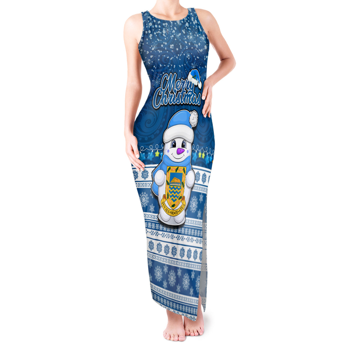 Tuvalu Christmas Tank Maxi Dress Snowman Hugs Tuvalu Coat of Arms Maori Pattern Blue Style LT03 Women Blue - Polynesian Pride