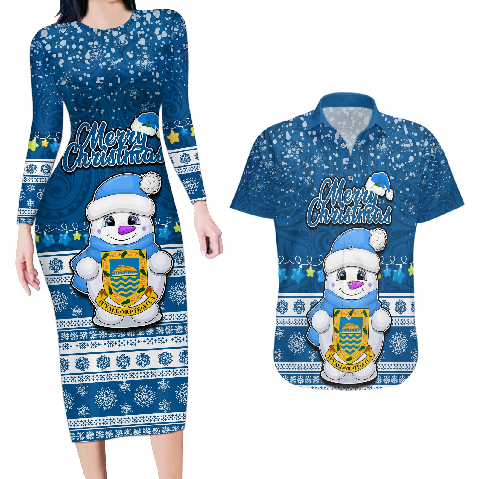 Personalised Tuvalu Christmas Couples Matching Long Sleeve Bodycon Dress and Hawaiian Shirt Snowman Hugs Tuvalu Coat of Arms Maori Pattern Blue Style LT03 Blue - Polynesian Pride