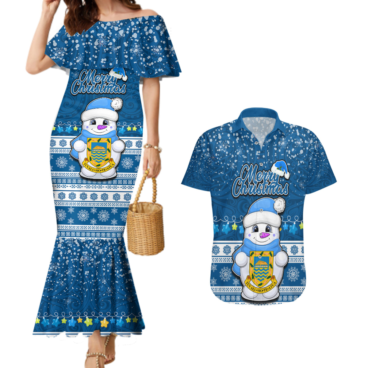 Personalised Tuvalu Christmas Couples Matching Mermaid Dress and Hawaiian Shirt Snowman Hugs Tuvalu Coat of Arms Maori Pattern Blue Style LT03 Blue - Polynesian Pride