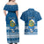 Personalised Tuvalu Christmas Couples Matching Off Shoulder Maxi Dress and Hawaiian Shirt Snowman Hugs Tuvalu Coat of Arms Maori Pattern Blue Style LT03 - Polynesian Pride