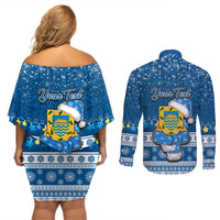 Personalised Tuvalu Christmas Couples Matching Off Shoulder Short Dress and Long Sleeve Button Shirt Snowman Hugs Tuvalu Coat of Arms Maori Pattern Blue Style LT03 - Polynesian Pride