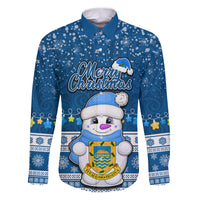 Personalised Tuvalu Christmas Family Matching Puletasi Dress and Hawaiian Shirt Snowman Hugs Tuvalu Coat of Arms Maori Pattern Blue Style LT03 Dad's Shirt - Long Sleeve Blue - Polynesian Pride