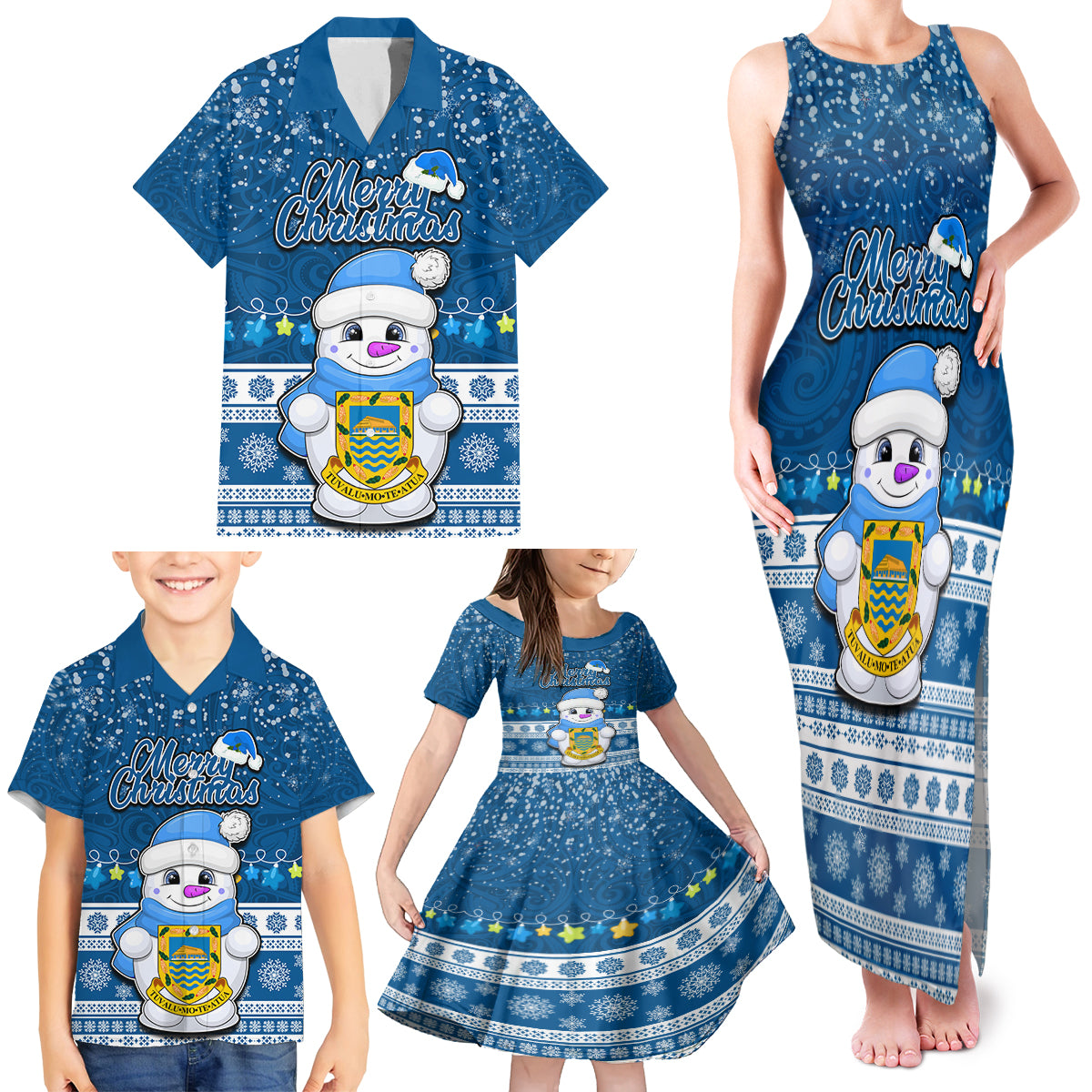 Personalised Tuvalu Christmas Family Matching Tank Maxi Dress and Hawaiian Shirt Snowman Hugs Tuvalu Coat of Arms Maori Pattern Blue Style LT03 - Polynesian Pride