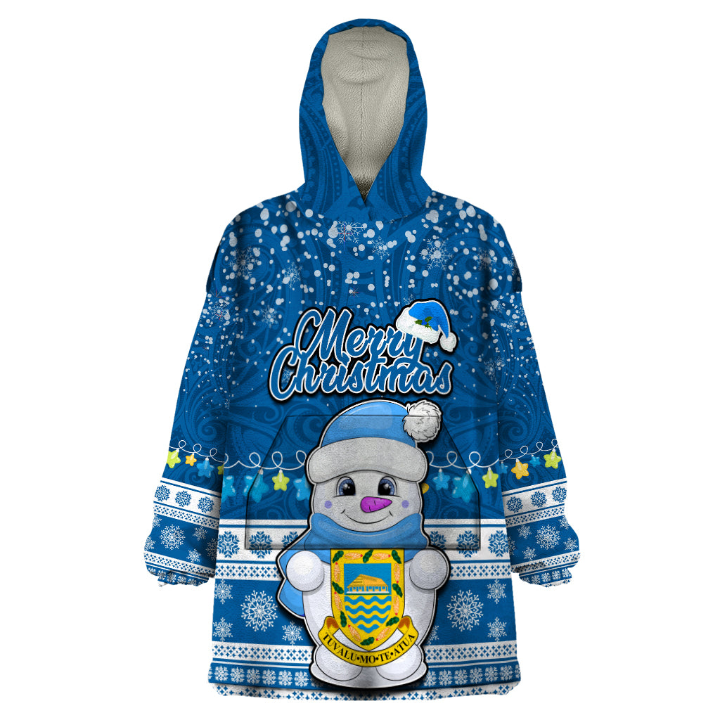 Personalised Tuvalu Christmas Wearable Blanket Hoodie Snowman Hugs Tuvalu Coat of Arms Maori Pattern Blue Style LT03 One Size Blue - Polynesian Pride