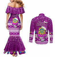 Tuvalu Christmas Couples Matching Mermaid Dress and Long Sleeve Button Shirt Snowman Hugs Tuvalu Coat of Arms Maori Pattern Pink Style LT03 - Polynesian Pride