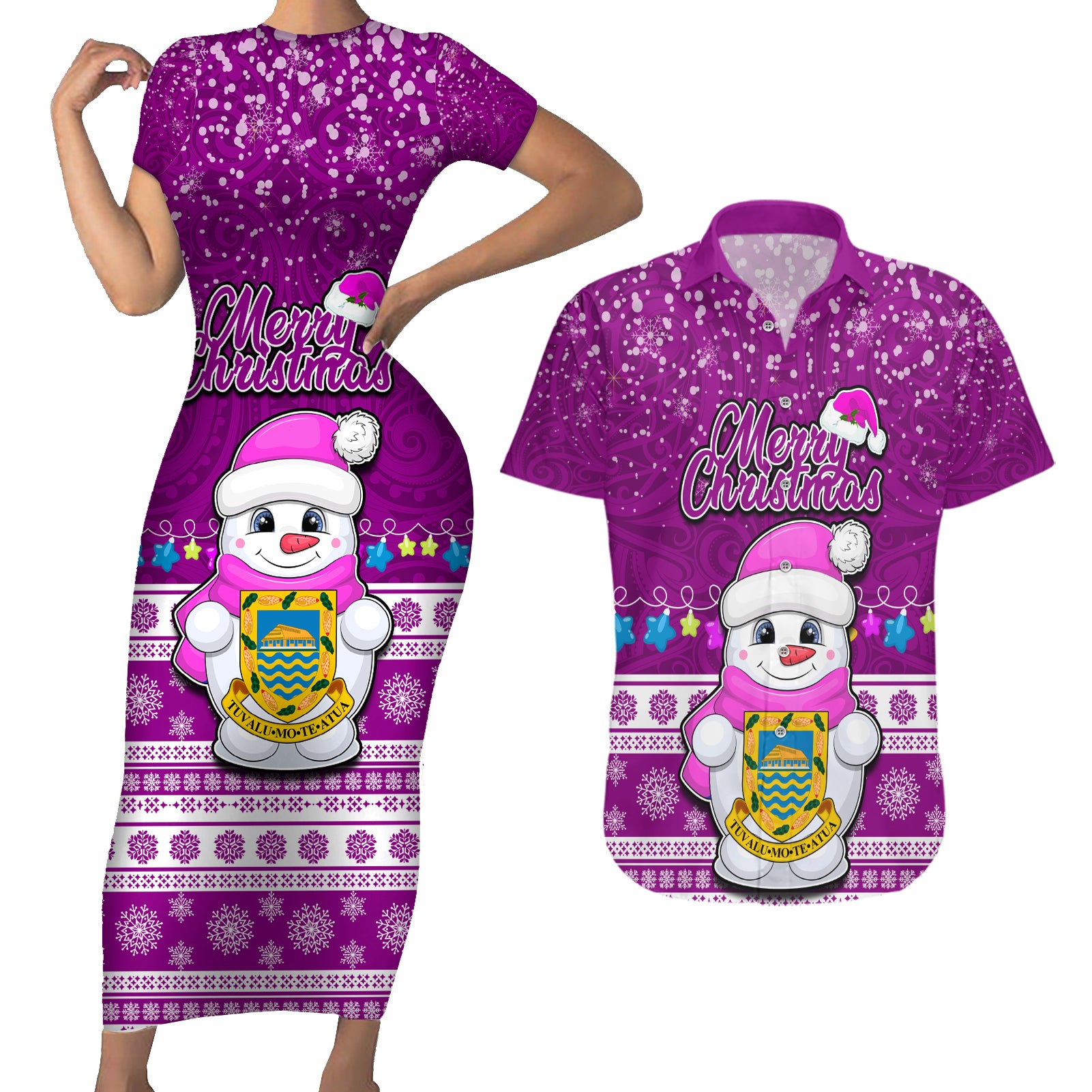 Tuvalu Christmas Couples Matching Short Sleeve Bodycon Dress and Hawaiian Shirt Snowman Hugs Tuvalu Coat of Arms Maori Pattern Pink Style LT03 Pink - Polynesian Pride