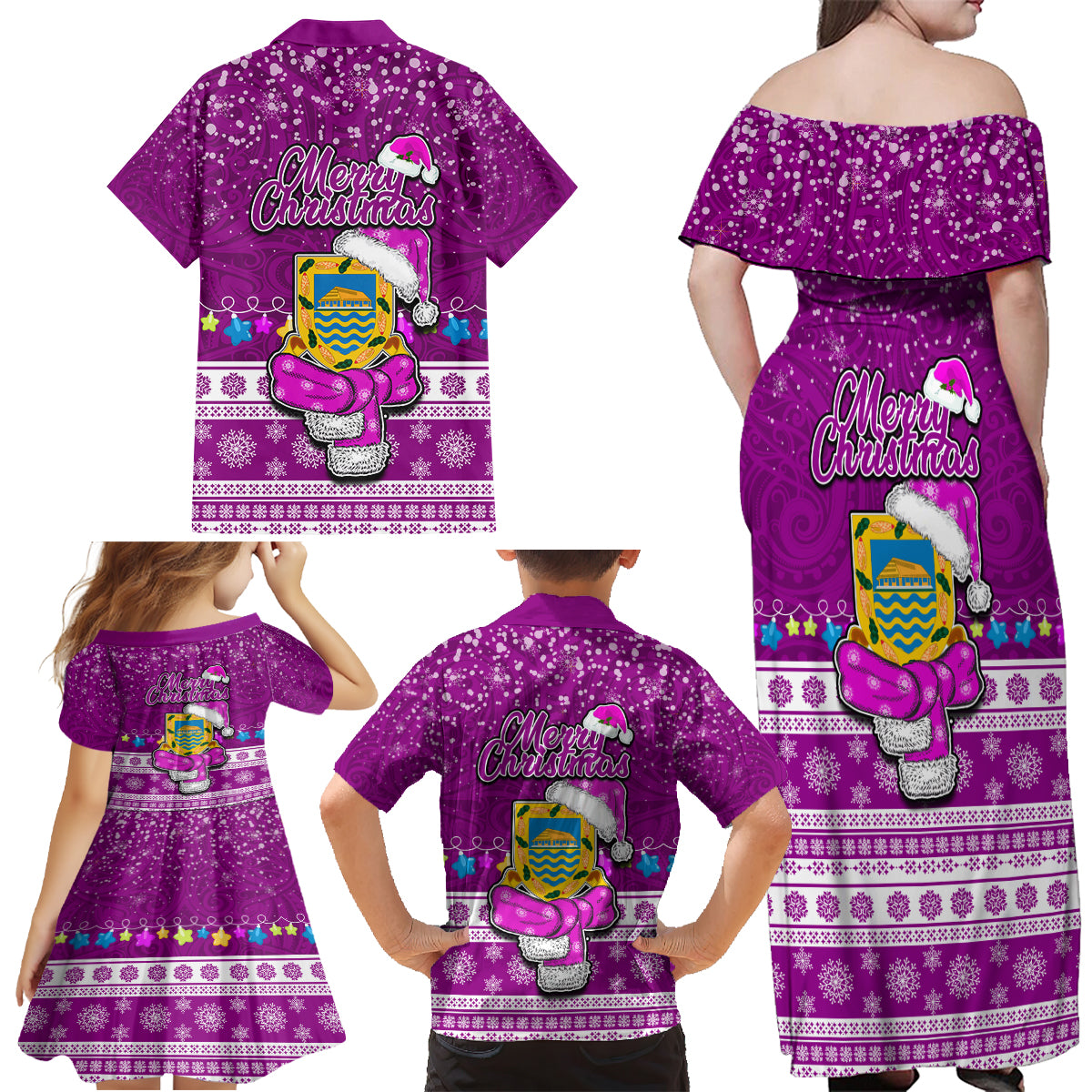 Tuvalu Christmas Family Matching Off Shoulder Maxi Dress and Hawaiian Shirt Snowman Hugs Tuvalu Coat of Arms Maori Pattern Pink Style LT03 - Polynesian Pride