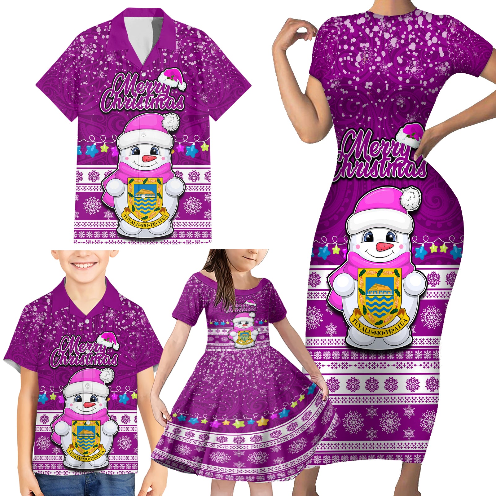 Tuvalu Christmas Family Matching Short Sleeve Bodycon Dress and Hawaiian Shirt Snowman Hugs Tuvalu Coat of Arms Maori Pattern Pink Style LT03 - Polynesian Pride