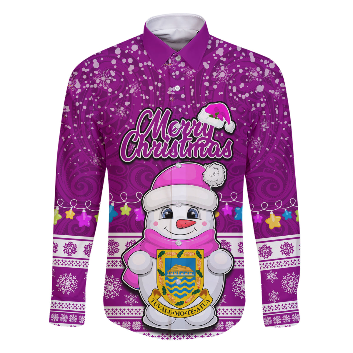 Tuvalu Christmas Family Matching Short Sleeve Bodycon Dress and Hawaiian Shirt Snowman Hugs Tuvalu Coat of Arms Maori Pattern Pink Style LT03 Dad's Shirt - Long Sleeve Pink - Polynesian Pride