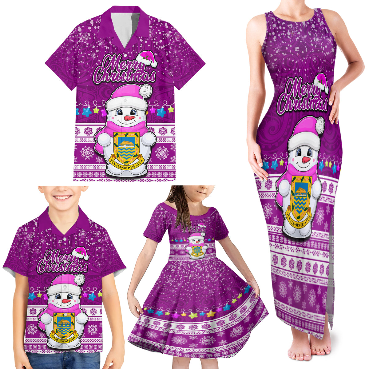 Tuvalu Christmas Family Matching Tank Maxi Dress and Hawaiian Shirt Snowman Hugs Tuvalu Coat of Arms Maori Pattern Pink Style LT03 - Polynesian Pride