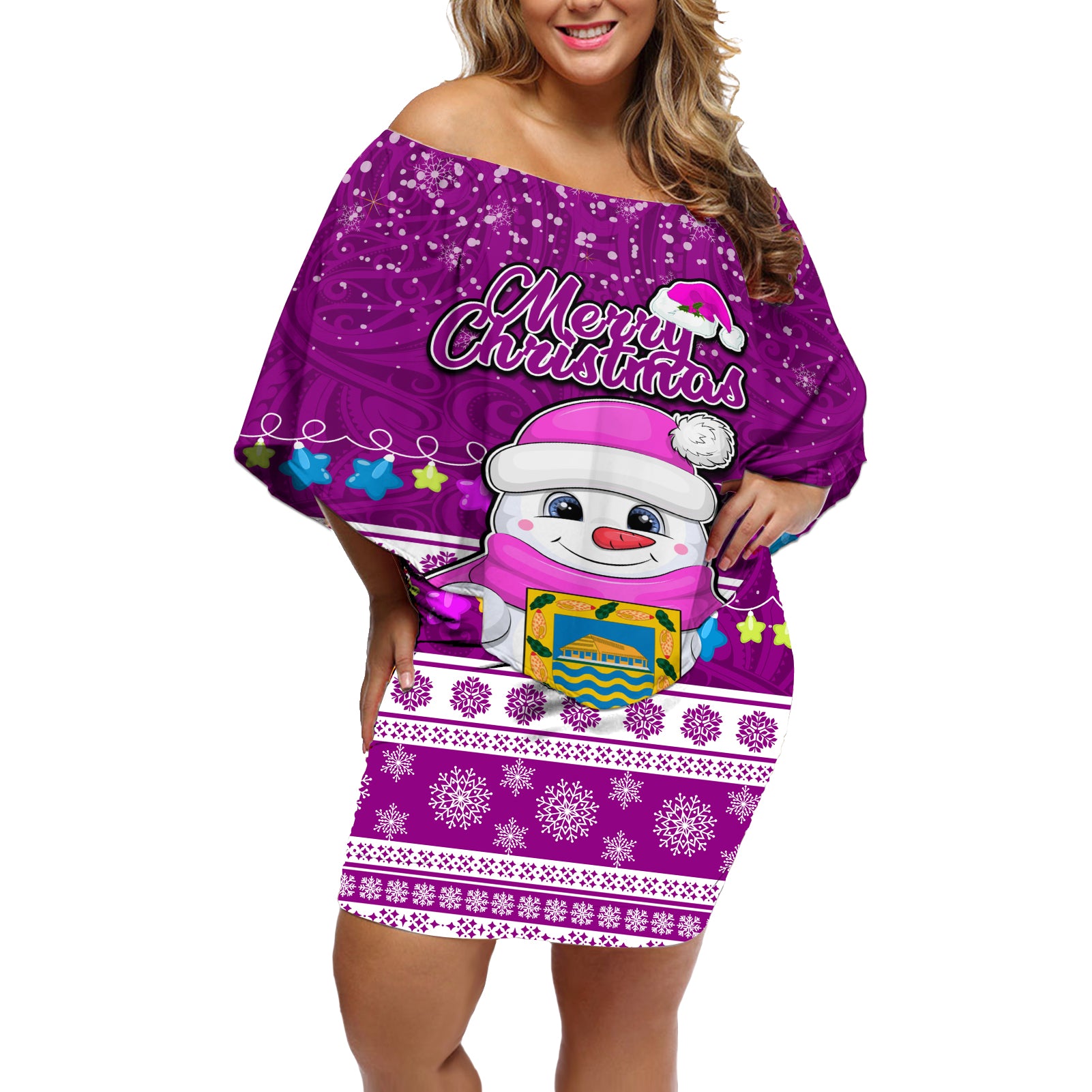 Tuvalu Christmas Off Shoulder Short Dress Snowman Hugs Tuvalu Coat of Arms Maori Pattern Pink Style LT03 Women Pink - Polynesian Pride