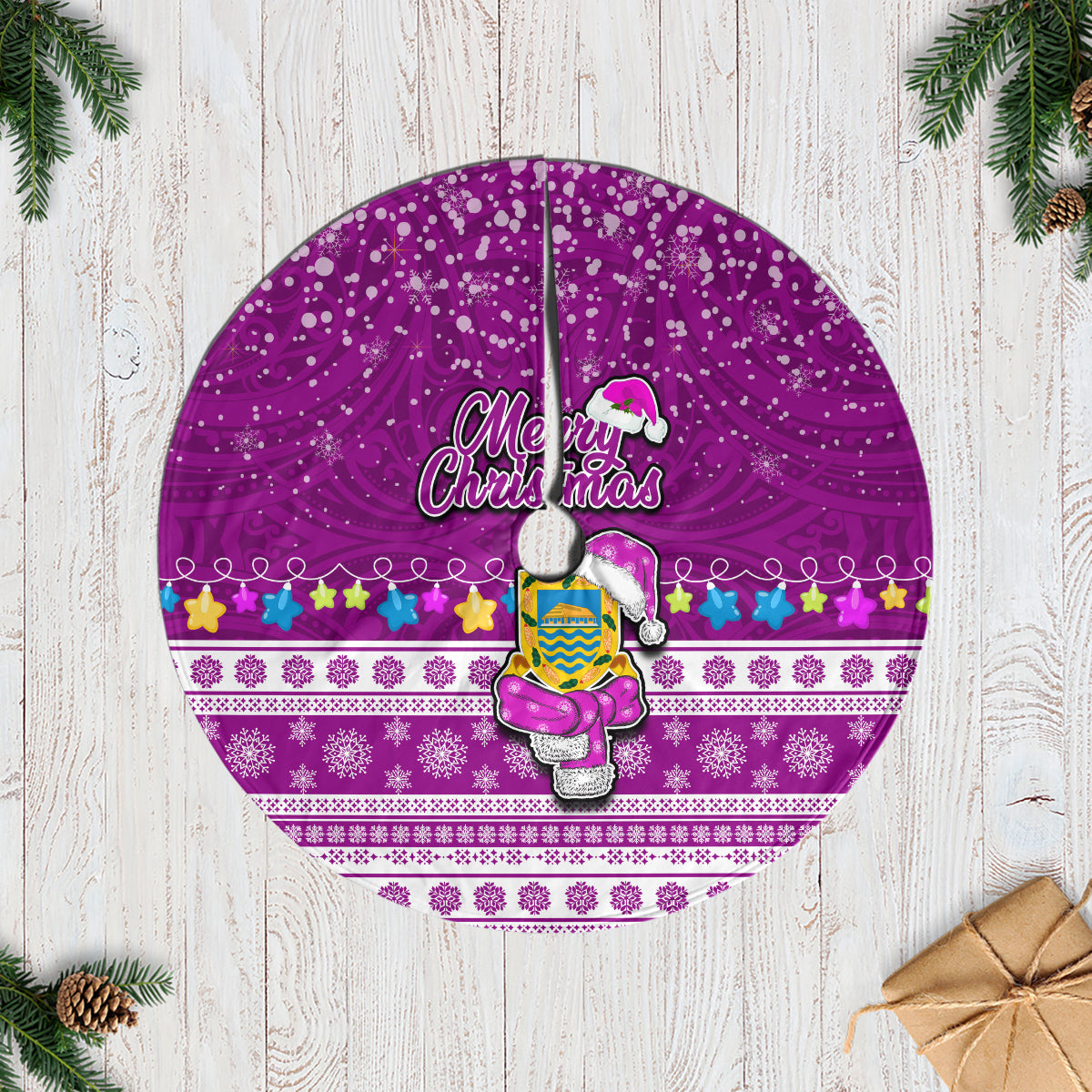 Tuvalu Christmas Tree Skirt Snowman Hugs Tuvalu Coat of Arms Maori Pattern Pink Style LT03 Pink - Polynesian Pride