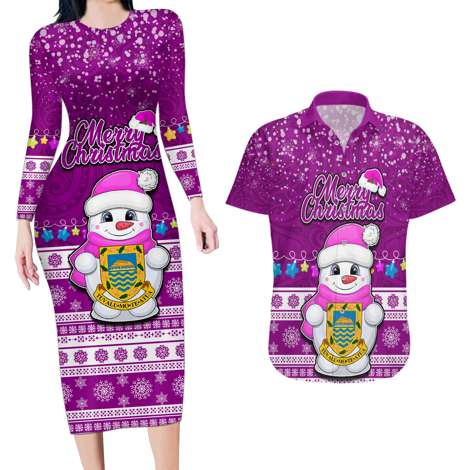 Personalised Tuvalu Christmas Couples Matching Long Sleeve Bodycon Dress and Hawaiian Shirt Snowman Hugs Tuvalu Coat of Arms Maori Pattern Pink Style LT03 Pink - Polynesian Pride