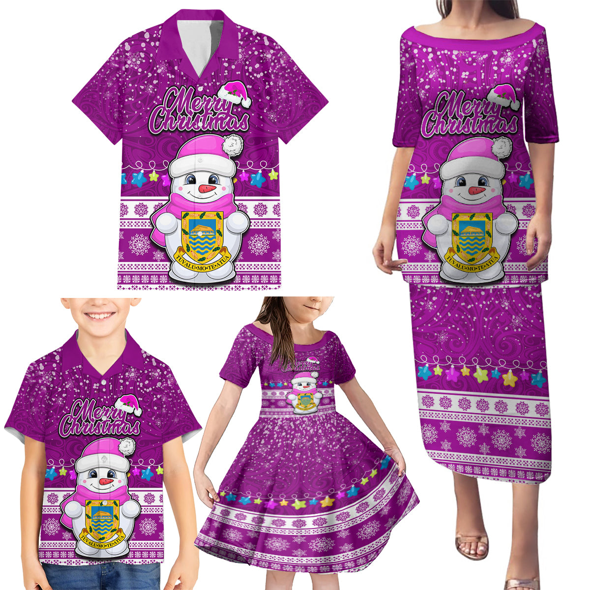 Personalised Tuvalu Christmas Family Matching Puletasi Dress and Hawaiian Shirt Snowman Hugs Tuvalu Coat of Arms Maori Pattern Pink Style LT03 - Polynesian Pride