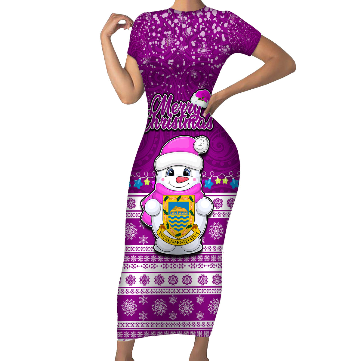 Personalised Tuvalu Christmas Family Matching Short Sleeve Bodycon Dress and Hawaiian Shirt Snowman Hugs Tuvalu Coat of Arms Maori Pattern Pink Style LT03 Mom's Dress Pink - Polynesian Pride