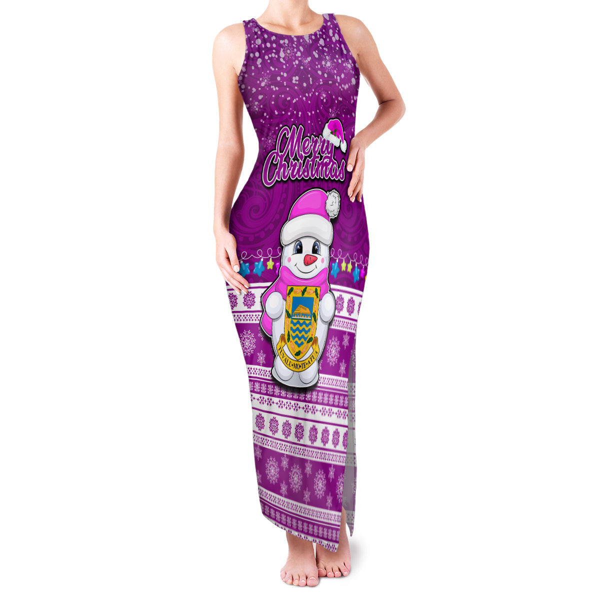 Personalised Tuvalu Christmas Family Matching Tank Maxi Dress and Hawaiian Shirt Snowman Hugs Tuvalu Coat of Arms Maori Pattern Pink Style LT03 Mom's Dress Pink - Polynesian Pride