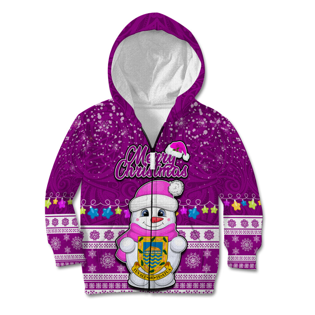 Personalised Tuvalu Christmas Kid Hoodie Snowman Hugs Tuvalu Coat of Arms Maori Pattern Pink Style LT03 Zip Hoodie Pink - Polynesian Pride