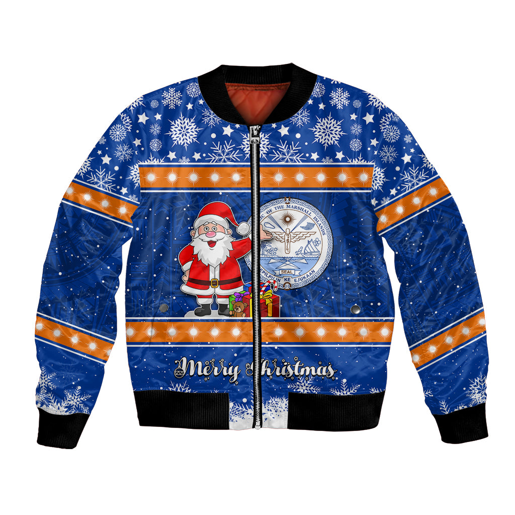 Marshall Islands Christmas Bomber Jacket Santa Claus and Coat of Arms Mix Polynesian Xmas Style LT03 Unisex Blue - Polynesian Pride