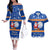 Marshall Islands Christmas Couples Matching Off The Shoulder Long Sleeve Dress and Hawaiian Shirt Santa Claus and Coat of Arms Mix Polynesian Xmas Style LT03 Blue - Polynesian Pride