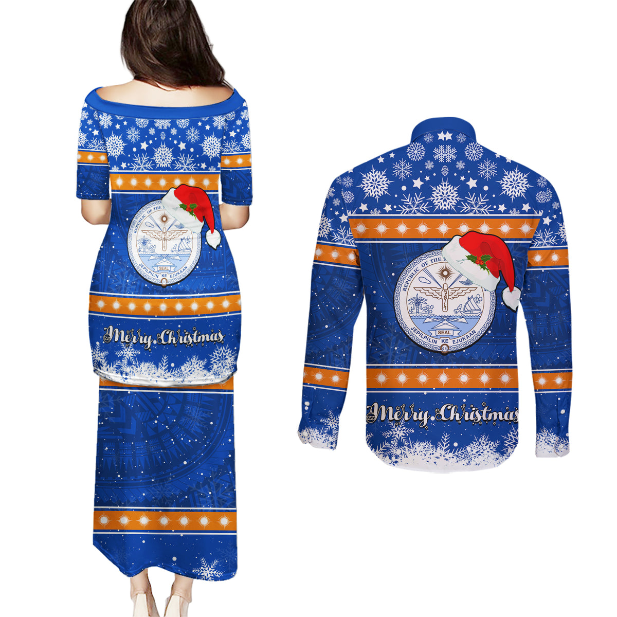 Marshall Islands Christmas Couples Matching Puletasi Dress and Long Sleeve Button Shirt Santa Claus and Coat of Arms Mix Polynesian Xmas Style LT03 - Polynesian Pride