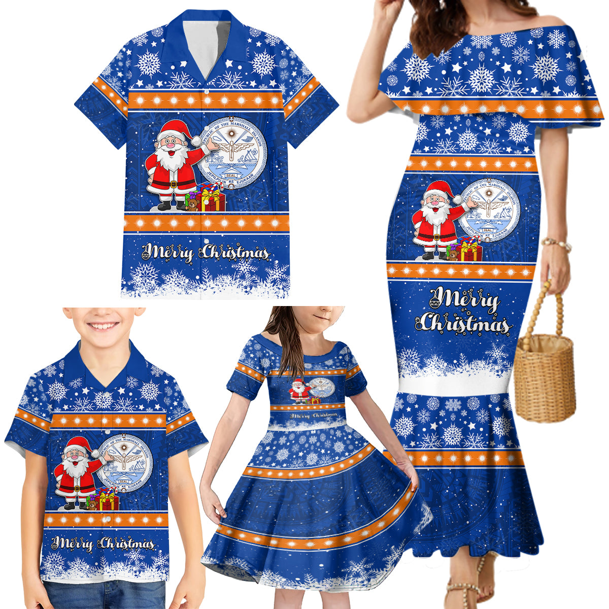 Marshall Islands Christmas Family Matching Mermaid Dress and Hawaiian Shirt Santa Claus and Coat of Arms Mix Polynesian Xmas Style LT03 - Polynesian Pride