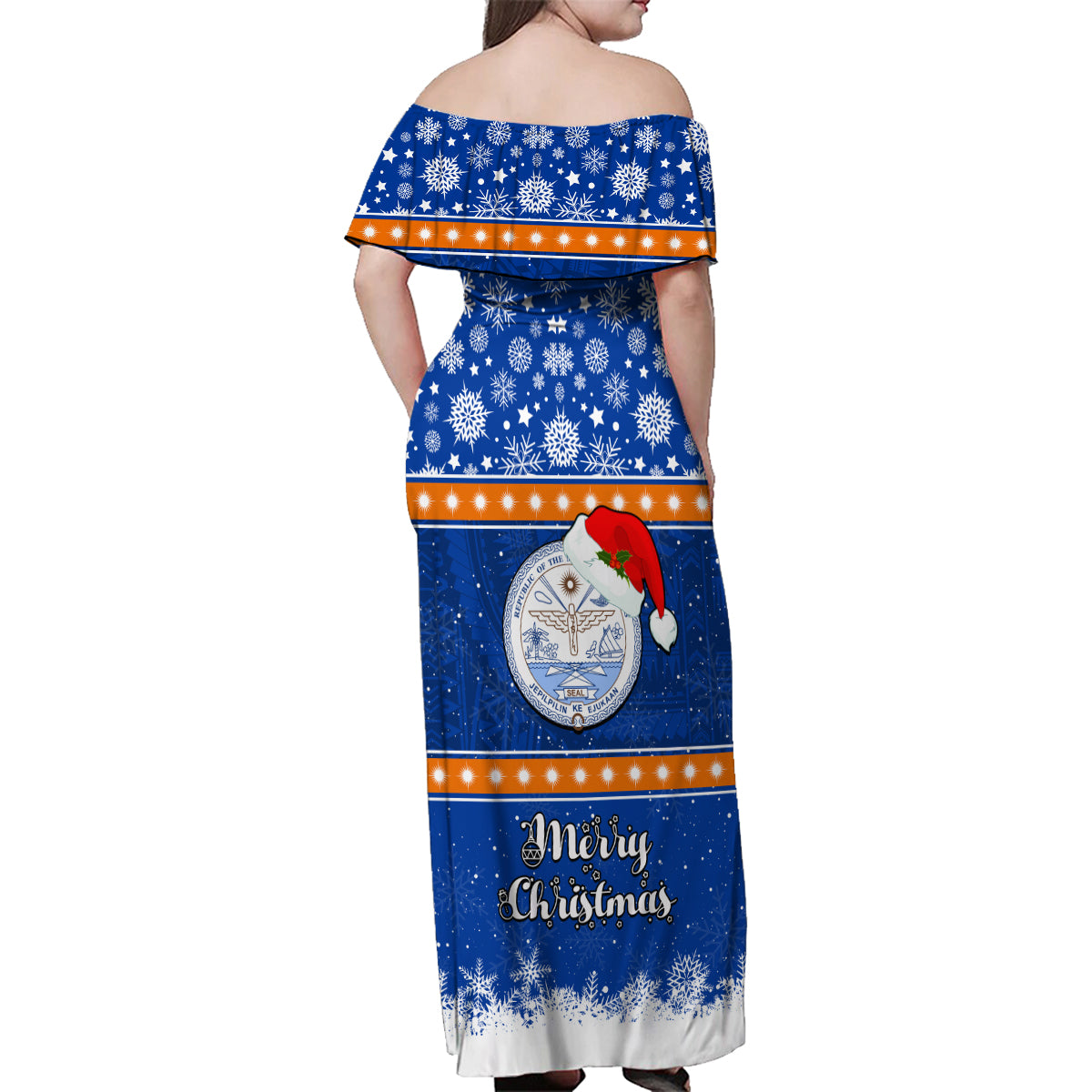Marshall Islands Christmas Family Matching Off Shoulder Maxi Dress and Hawaiian Shirt Santa Claus and Coat of Arms Mix Polynesian Xmas Style LT03 - Polynesian Pride