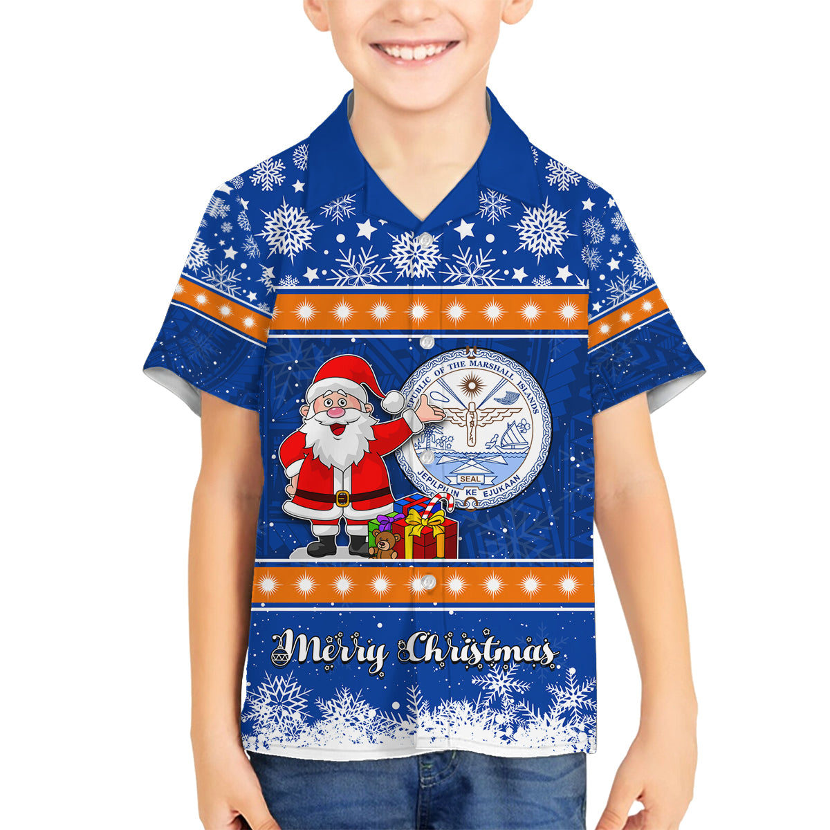 Marshall Islands Christmas Family Matching Tank Maxi Dress and Hawaiian Shirt Santa Claus and Coat of Arms Mix Polynesian Xmas Style LT03 Son's Shirt Blue - Polynesian Pride