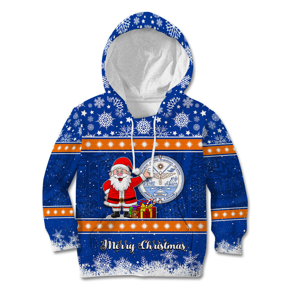 Marshall Islands Christmas Kid Hoodie Santa Claus and Coat of Arms Mix Polynesian Xmas Style LT03 Hoodie Blue - Polynesian Pride