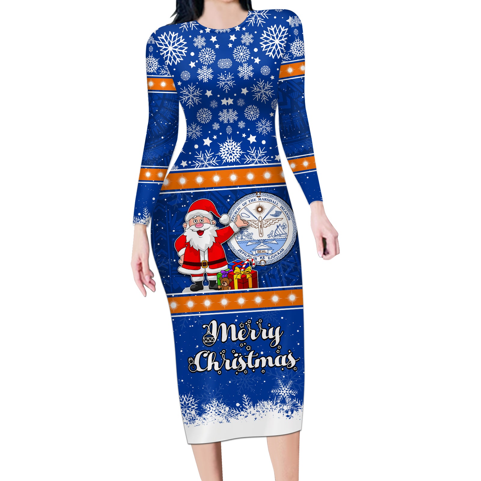 Marshall Islands Christmas Long Sleeve Bodycon Dress Santa Claus and Coat of Arms Mix Polynesian Xmas Style LT03 Long Dress Blue - Polynesian Pride